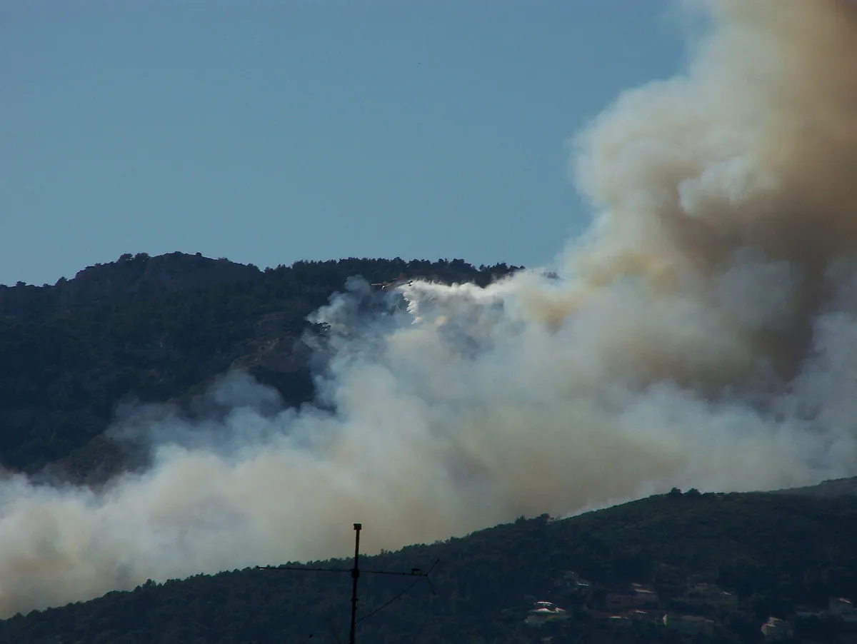 Épais panache de fumée sur une colline boisée, un avion bombardier d'eau largue devant